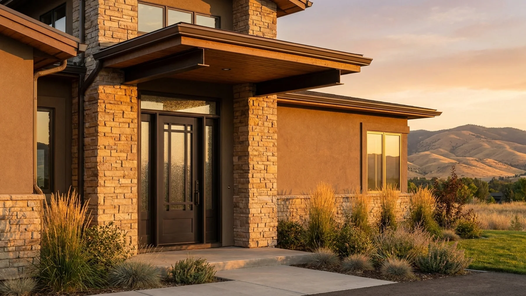Boise area home with an oil bronze iron entry door and foothill light