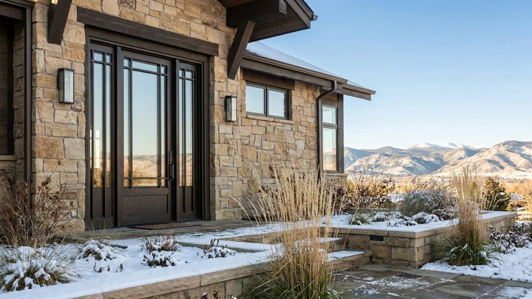 Denver home with a dark bronze iron entry door in mountain light