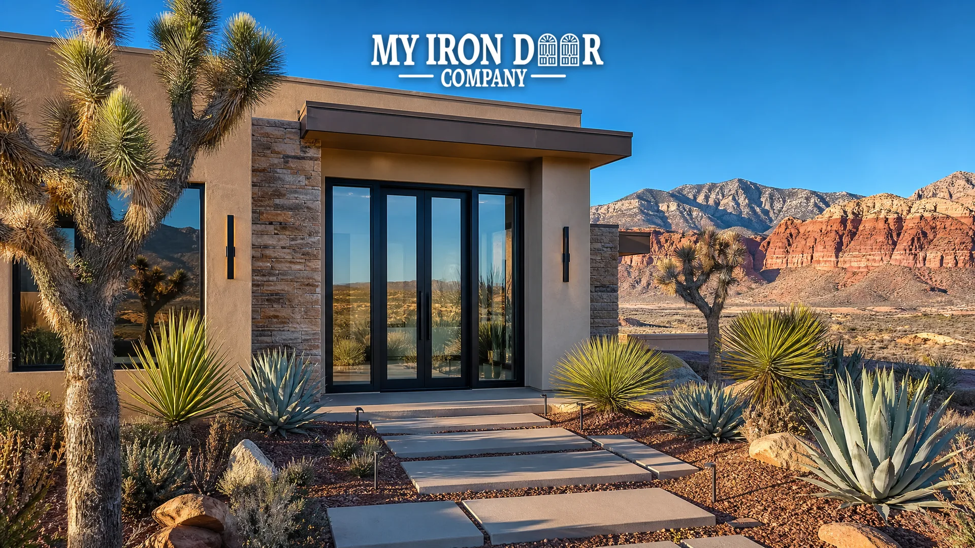 Las Vegas valley home with a desert-contemporary iron entry door