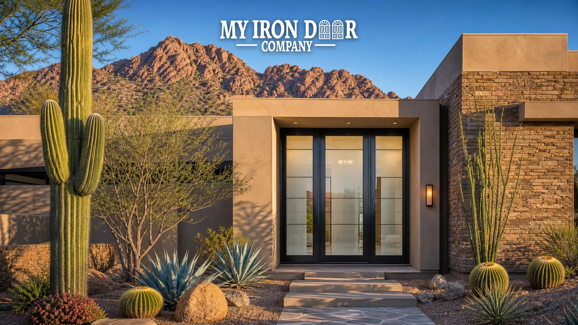 Phoenix home with an iron entry door in desert light