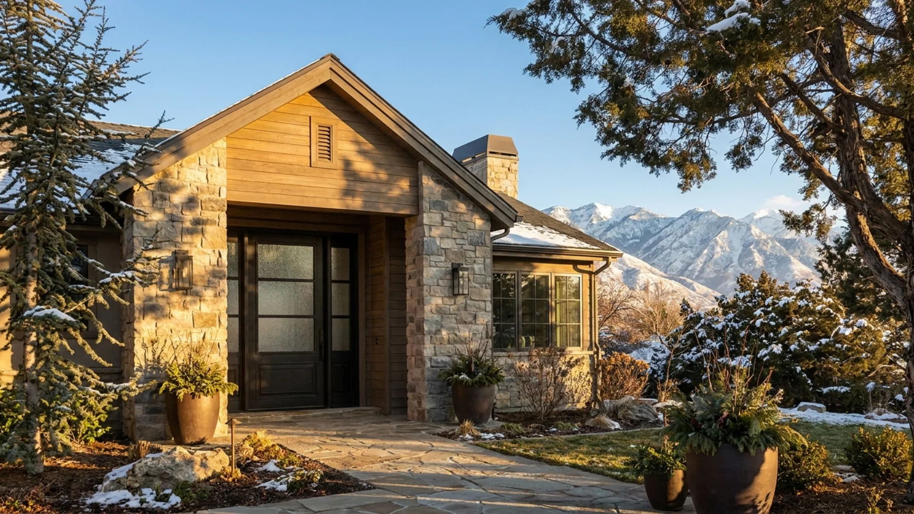 Salt Lake City home with an oil bronze iron entry door and Wasatch light