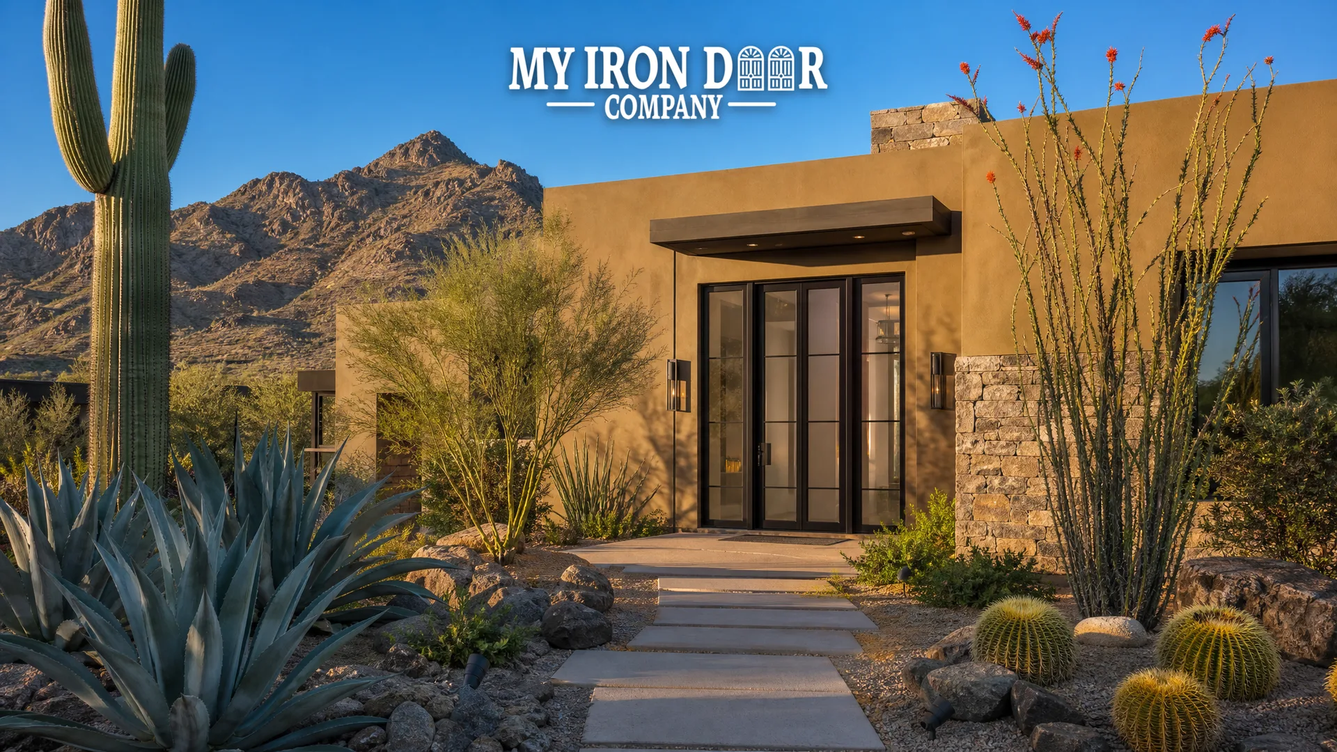 Scottsdale home with a contemporary iron entry door in desert light