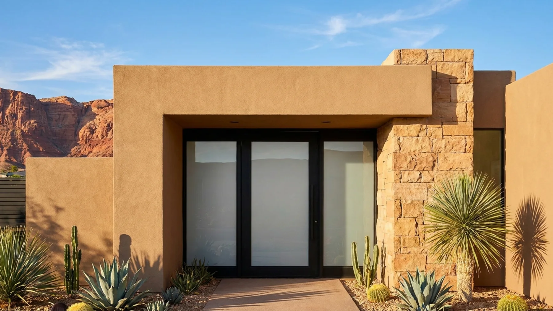 St. George desert modern home with a black iron entry door near red rock