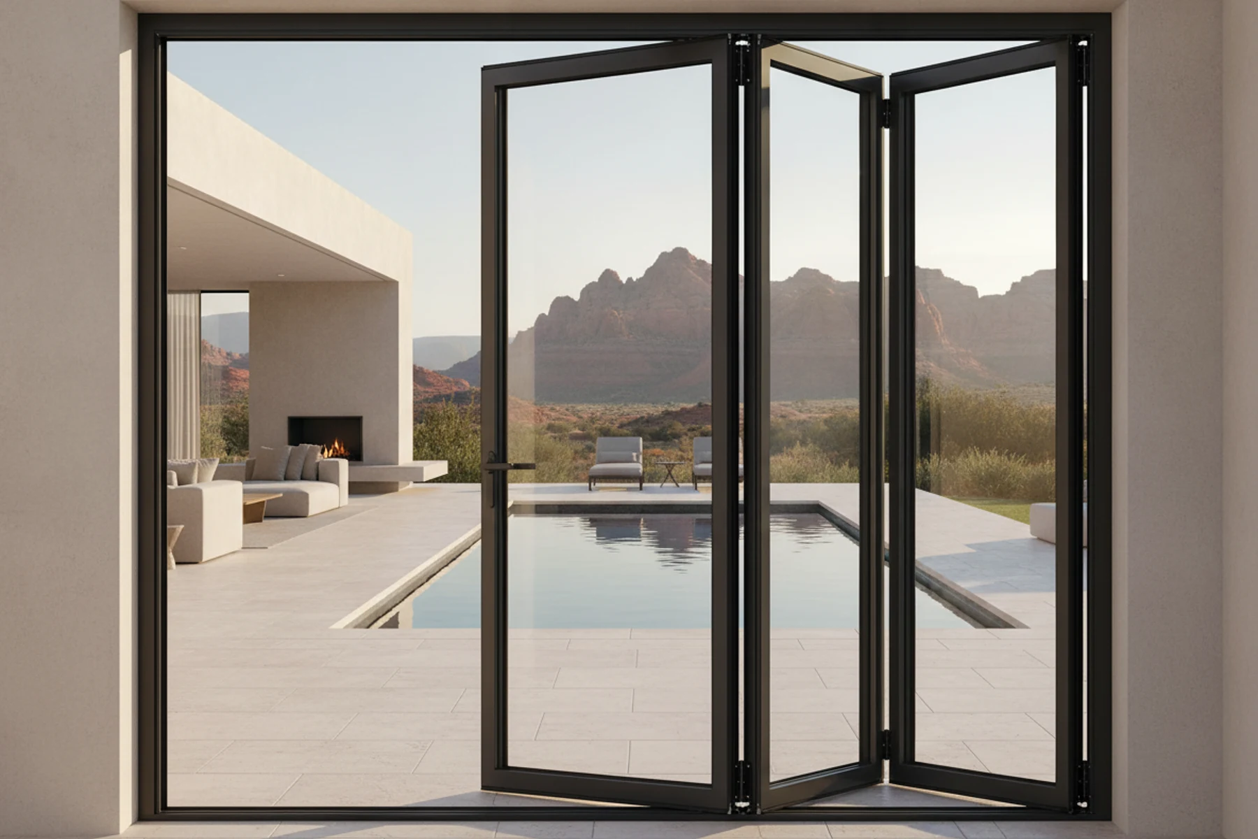 Accordion folding patio door installed on a covered patio for an indoor-outdoor project