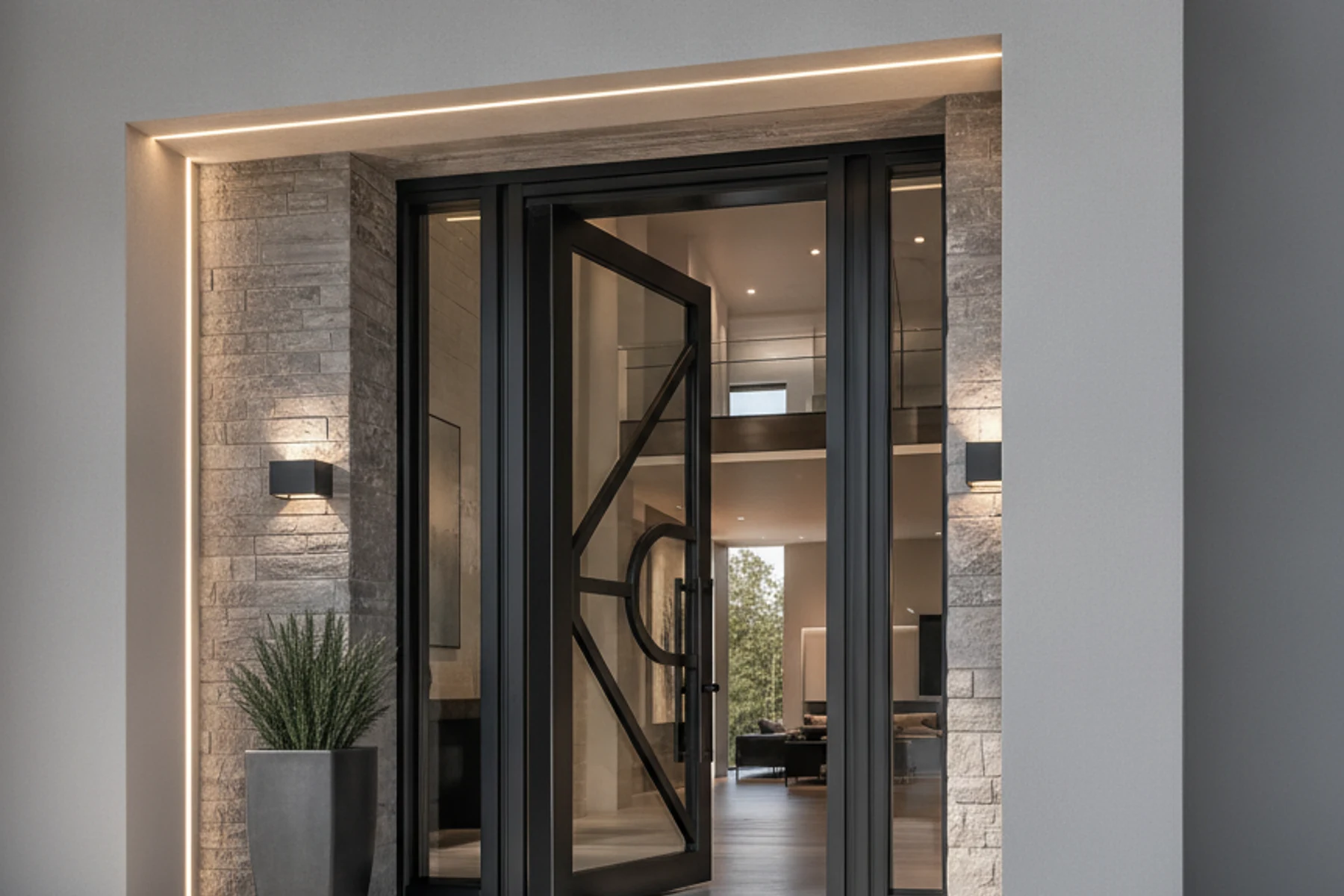 Modern black iron pivot entry door installed on a Western custom home