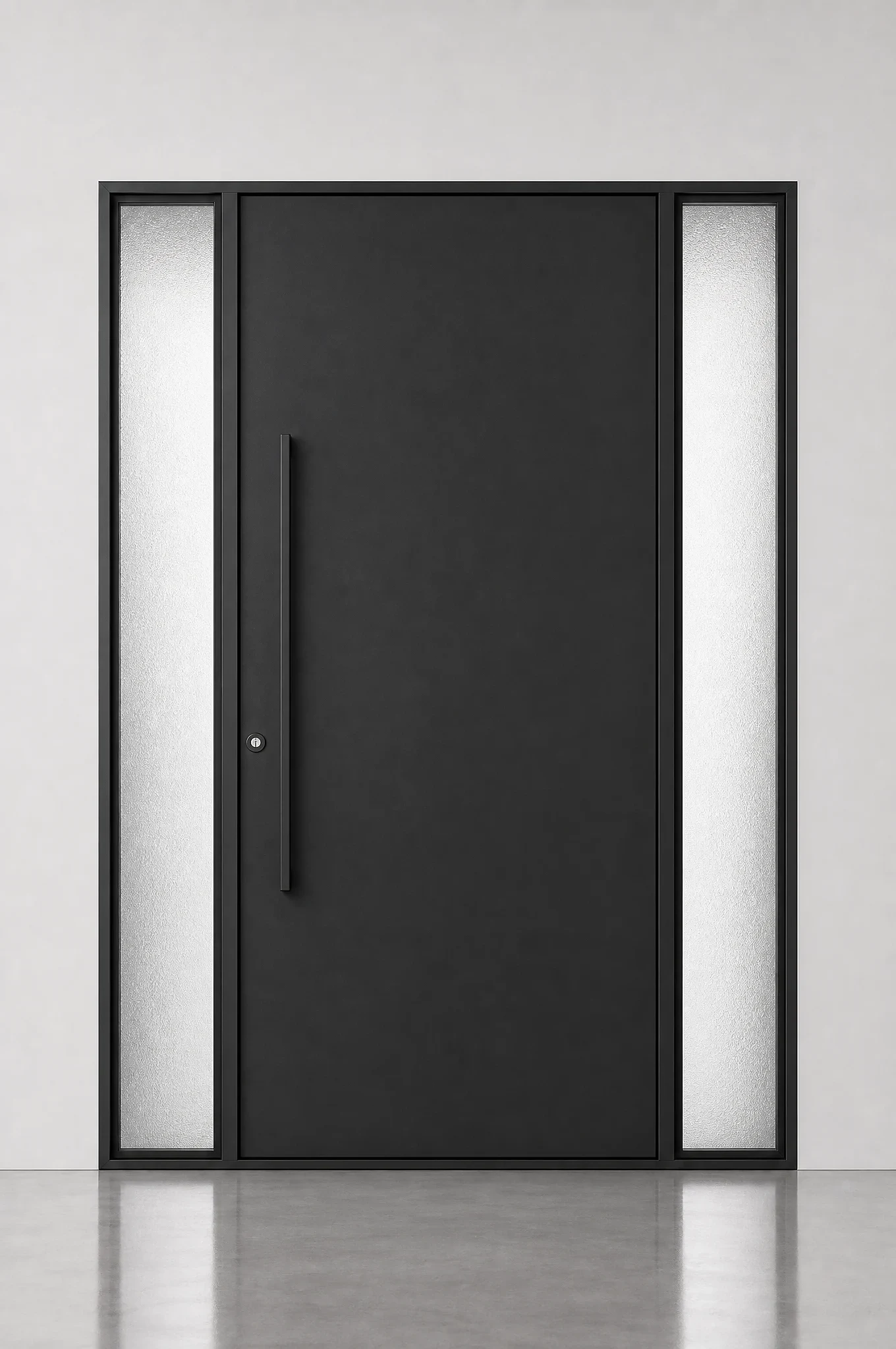 Scottsdale Slim Lights iron door, medium bronze, sandblast glass